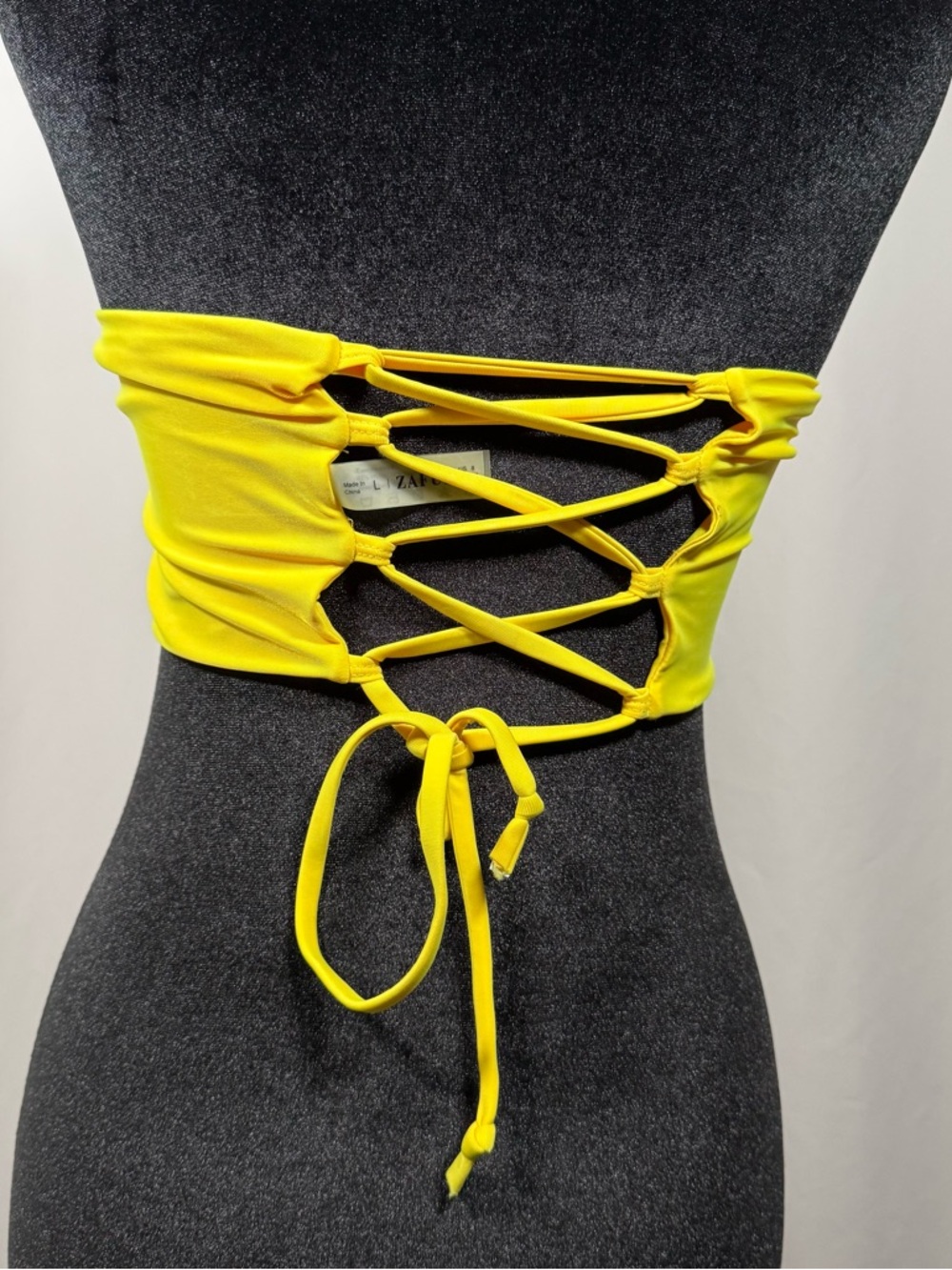 Zaful Yellow Lace-Up Bandeau Bikini Top